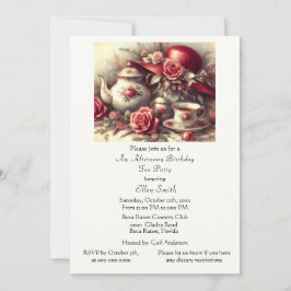 Elegant  Birthday Tea Party Red Hat  Invitation 招待状