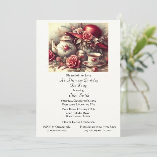 Elegant  Birthday Tea Party Red Hat  Invitation 招待状 (スタンド正面)