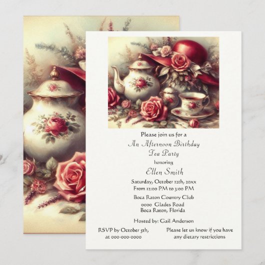 Elegant  Birthday Tea Party Red Hat  Invitation 招待状 (正面/裏面)