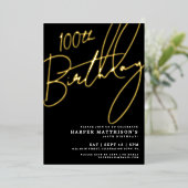 Elegant Black 100th Birthday Gold 箔招待状 (立ち正面)
