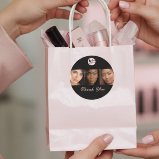 Elegant Black 3 Photo Makeup Business Thank You ラウンドシール