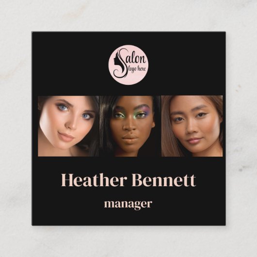 Elegant Black 3 Photo Square Makeup Artist  スクエア名刺 (正面)
