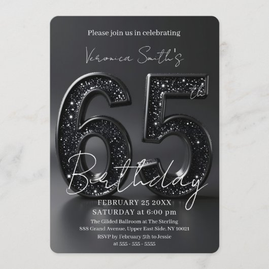 Elegant Black 3D Glitter Sparkle 65th Birthday 招待状 (正面)