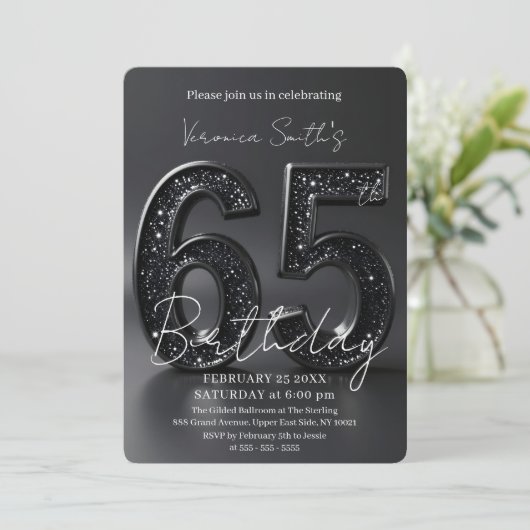 Elegant Black 3D Glitter Sparkle 65th Birthday 招待状 (スタンド正面)