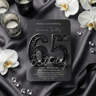 Elegant Black 3D Glitter Sparkle 65th Birthday 招待状