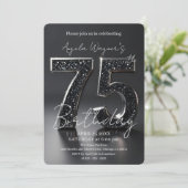 Elegant Black 3D Glitter Sparkle 75th Birthday 招待状 (スタンド正面)