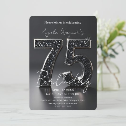 Elegant Black 3D Glitter Sparkle 75th Birthday 招待状 (スタンド正面)