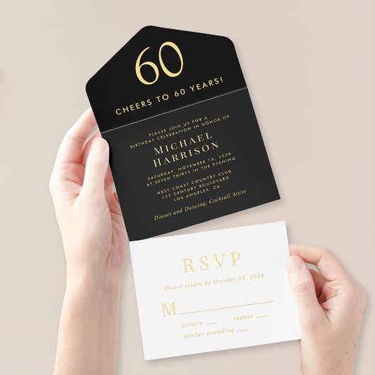 Elegant Black 60th Birthday Party オールインワン招待状
