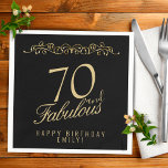 Elegant Black 70 and Fabulous 70th Birthday スタンダードカクテルナプキン<br><div class="desc">Elegant Black 70 and Fabulous 70th Birthday Napkins. 70 and fabulous text in trendy golden script on black background. Personalize it with your name and your age,  and make your own elegant birthday party napkins for a woman`s birthday party.</div>