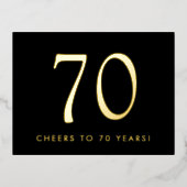 Elegant Black 70th Birthday Party Gold 箔招待状ポストカード (正面)