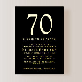 Elegant Black 70th Birthday Party Gold 箔招待状