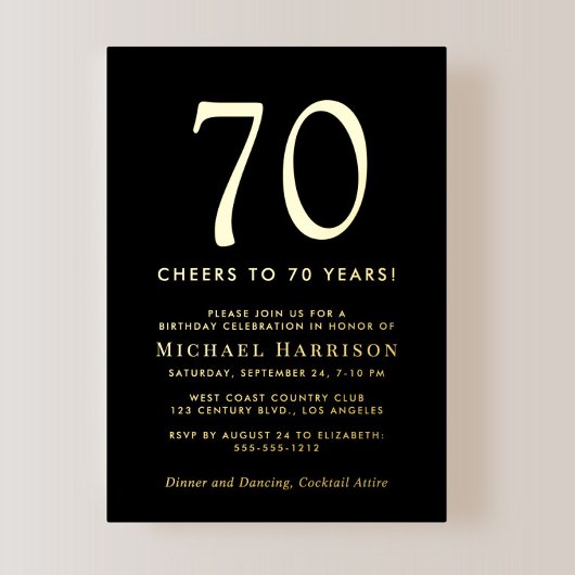 Elegant Black 70th Birthday Party Gold 箔招待状