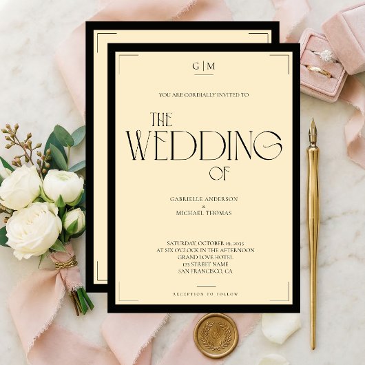 Elegant Black and Cream Art Deco Wedding Invitatio 招待状