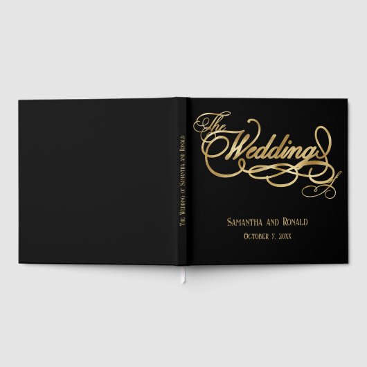 Elegant Black and Faux Gold Calligraphy Wedding ゲストブック (全面)