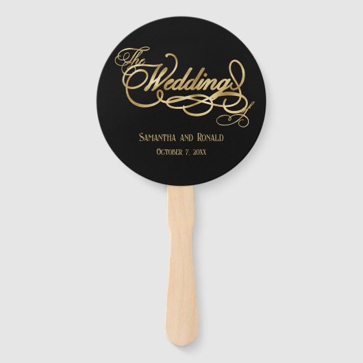 Elegant Black and Faux Gold Calligraphy Wedding ハンドファン (正面)