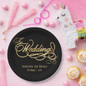 Elegant Black and Faux Gold Calligraphy Wedding ペーパープレート (パーティー)