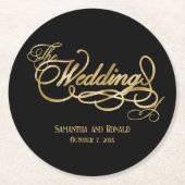 Elegant Black and Faux Gold Calligraphy Wedding ラウンドペーパーコースター (正面)