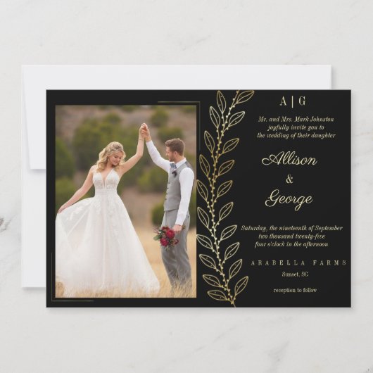 Elegant Black and faux Gold, Photo Wedding 招待状 (正面)