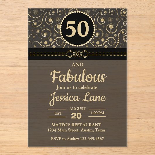 Elegant Black and Flat Gold ANY AGE Birthday Party アクリル招待状 (正面)