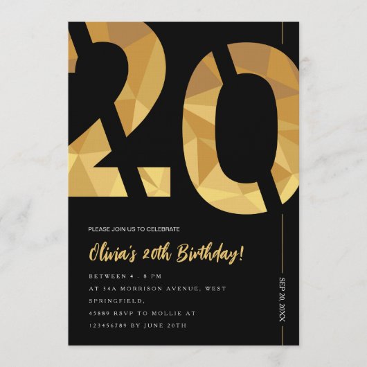 Elegant black and gold 20th Birthday Party 招待状 (正面)