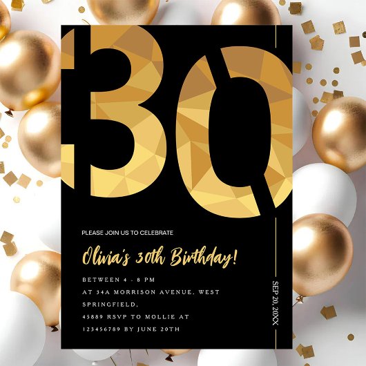 Elegant black and gold 30th Birthday Party 招待状