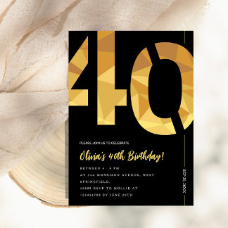 Elegant black and gold 40th Birthday Party 招待状