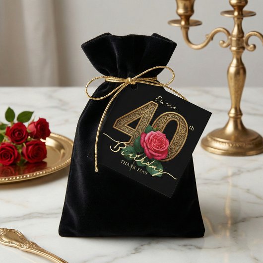 Elegant Black And Gold 40th Birthday Red Rose フェイバータグ