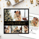 Elegant Black and Gold 4 Photo Collage Christmas シーズンカード<br><div class="desc">Elegant Calligraphy Minimalist Black and Gold 4 Photo Collage Merry Christmas Script Holiday Card. This festive, mimimalist, whimsical four (4) photo holiday card template features a pretty photo collage and says „Merry Christmas”! The „Merry Christmas” greeting text is written in a beautiful hand lettered swirly swash-tail font type in gold...</div>