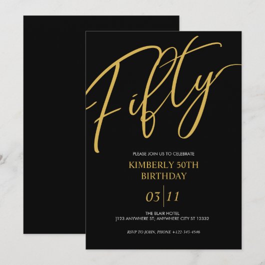 Elegant Black and Gold 50th Birthday Party 招待状 (正面/裏面)