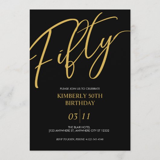 Elegant Black and Gold 50th Birthday Party 招待状 (正面)