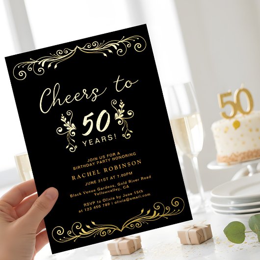 Elegant Black and Gold 50TH Birthday Party 箔招待状