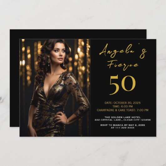 Elegant Black and Gold 50th Invitation 招待状 (正面/裏面)