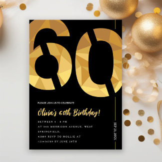 Elegant black and gold 60th Birthday Party 招待状