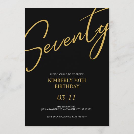 Elegant Black and Gold 70th Birthday Party 招待状 (正面)