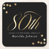 Elegant Black and Gold 80th Birthday スクエアペーパーコースター (正面)