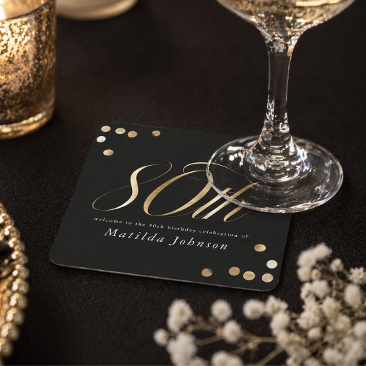 Elegant Black and Gold 80th Birthday スクエアペーパーコースター