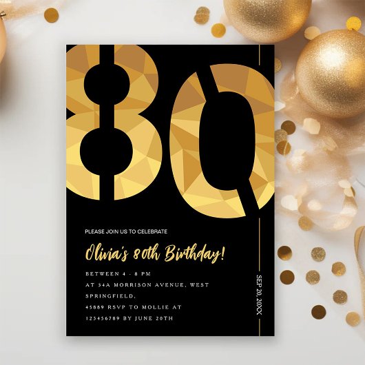Elegant black and gold 80th Birthday Party 招待状