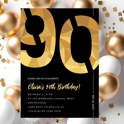 Elegant black and gold 90th Birthday Party 招待状