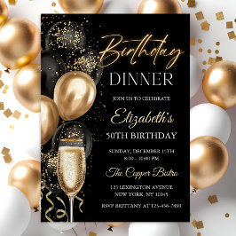 Elegant Black and Gold Balloons Birthday Dinner 招待状