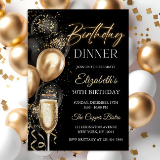 Elegant Black and Gold Balloons Birthday Dinner 招待状