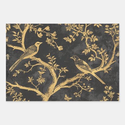 Elegant Black and Gold Birds ラッピングペーパーシート (正面)