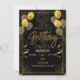 Elegant Black and Gold Birthday Invitation 招待状