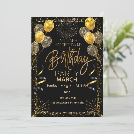 Elegant Black and Gold Birthday Invitation  招待状 (スタンド正面)