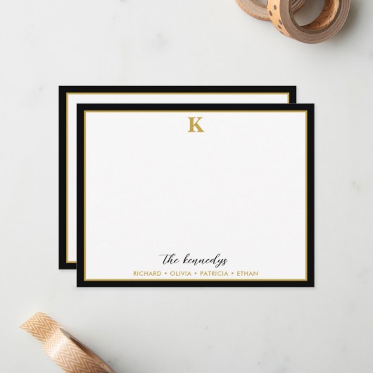 Elegant Black And Gold Border Family Name Monogram ノートカード (正面/裏面インサイチュ)