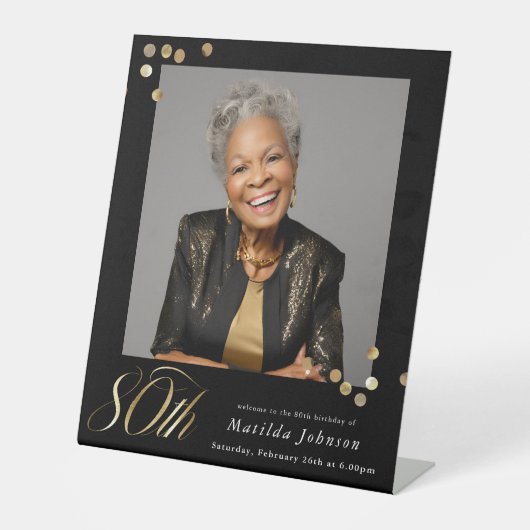 Elegant Black and Gold Custom Photo 80th Birthday  台座サイン (正面)
