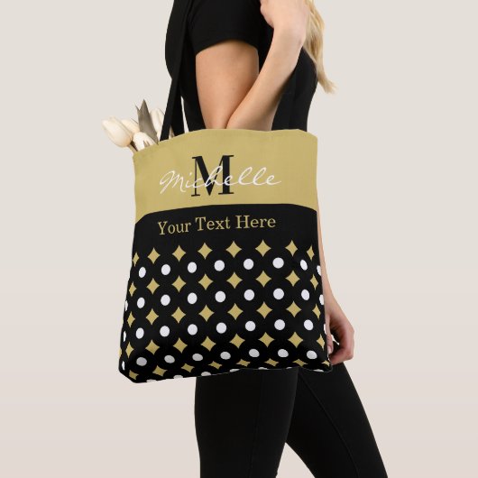 Elegant Black And Gold Diamond Pattern Monogrammed トートバッグ (クローズアップ)