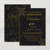 Elegant Black and Gold Floral Graduation Party 招待状 (正面/裏面)