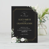 Elegant Black and Gold Floral Photo Wedding 招待状 (スタンド正面)