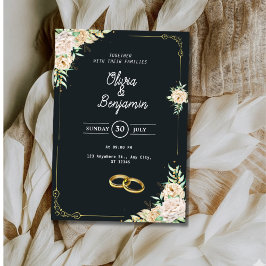 Elegant Black and Gold Floral Wedding Invitation 招待状