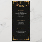 Elegant Black and Gold Floral Wedding Menu Card メニュー (正面)